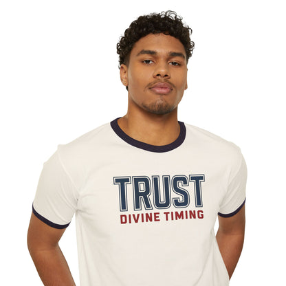 "Trust Divine Timing" #02, Unisex Cotton Ringer T-Shirt