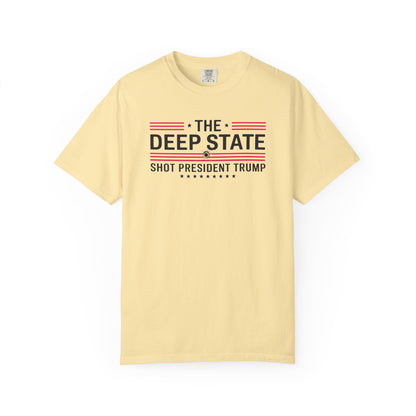 "The Deep State Shot President Trump" #02, Unisex White T-shirt