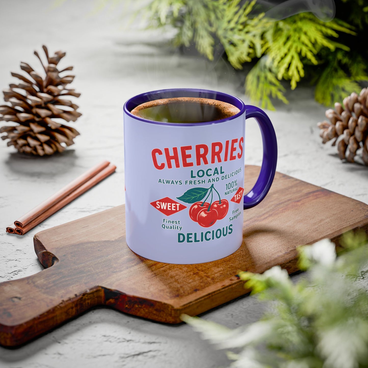 "Delicious Cherries", Colorful Mugs (11oz, 15oz) (Retro Periwinkle)