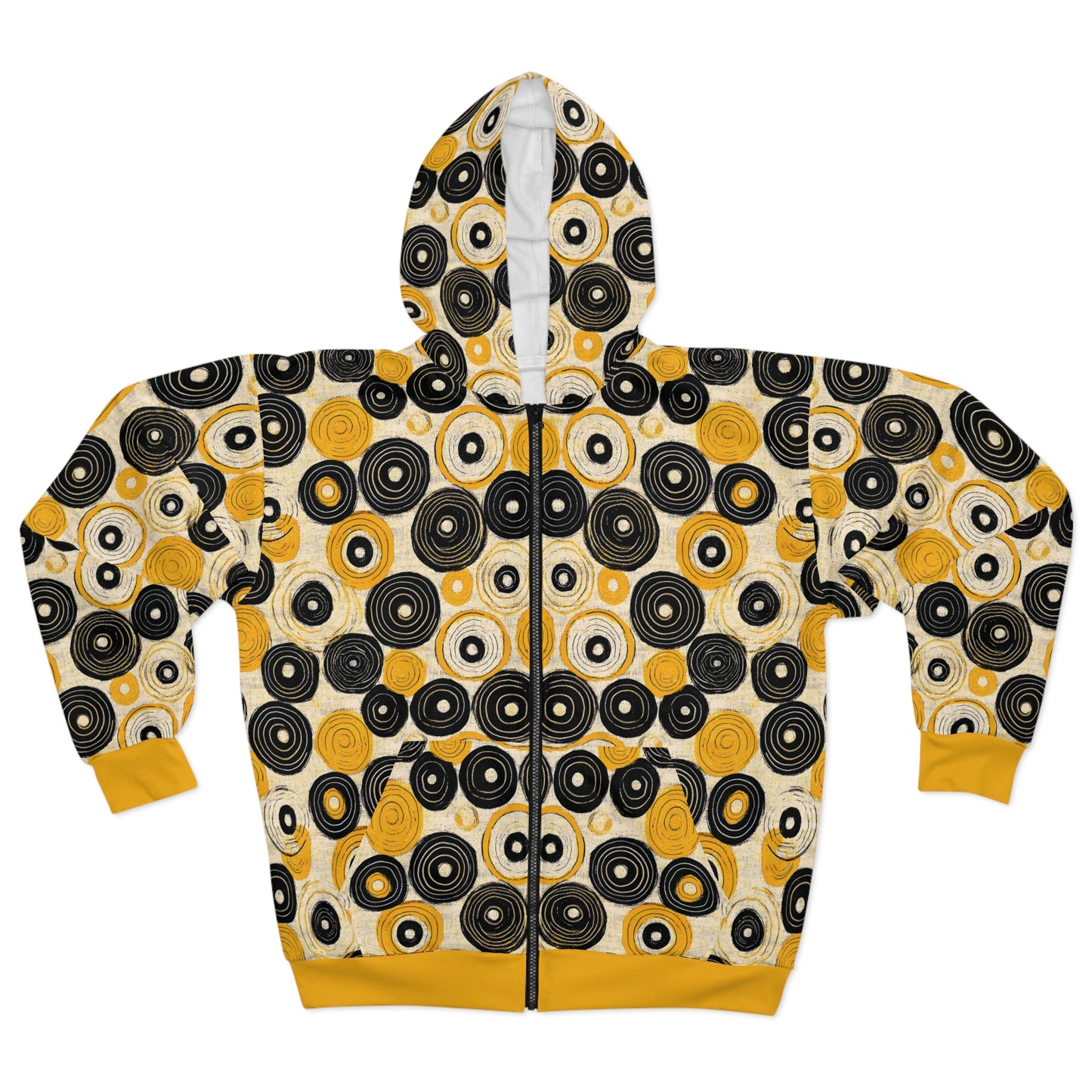 "Old 45's", Wearable Pattern Art Unisex Zip Hoodie (Cyber Yellow Cuffs)