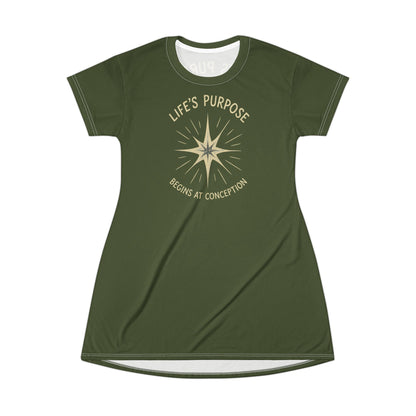 "Life's Purpose Begins at Conception #02", T-Shirt Dress (Deep Canopy Green)