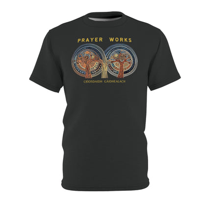 "Prayer Works – Gaelic Christian", Wearable Fine Art Unisex T-shirt (Dark Dùn Grey)