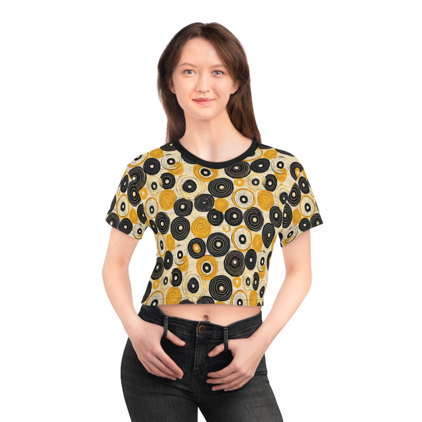 "Old 45's", Wearable Pattern Art Crop Tee (70's Black Collar)