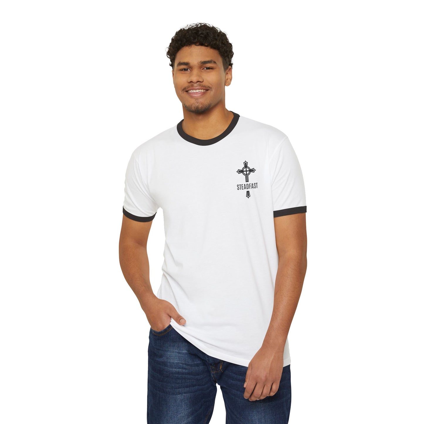 "Steadfast Cross", Unisex Cotton Ringer T-Shirt