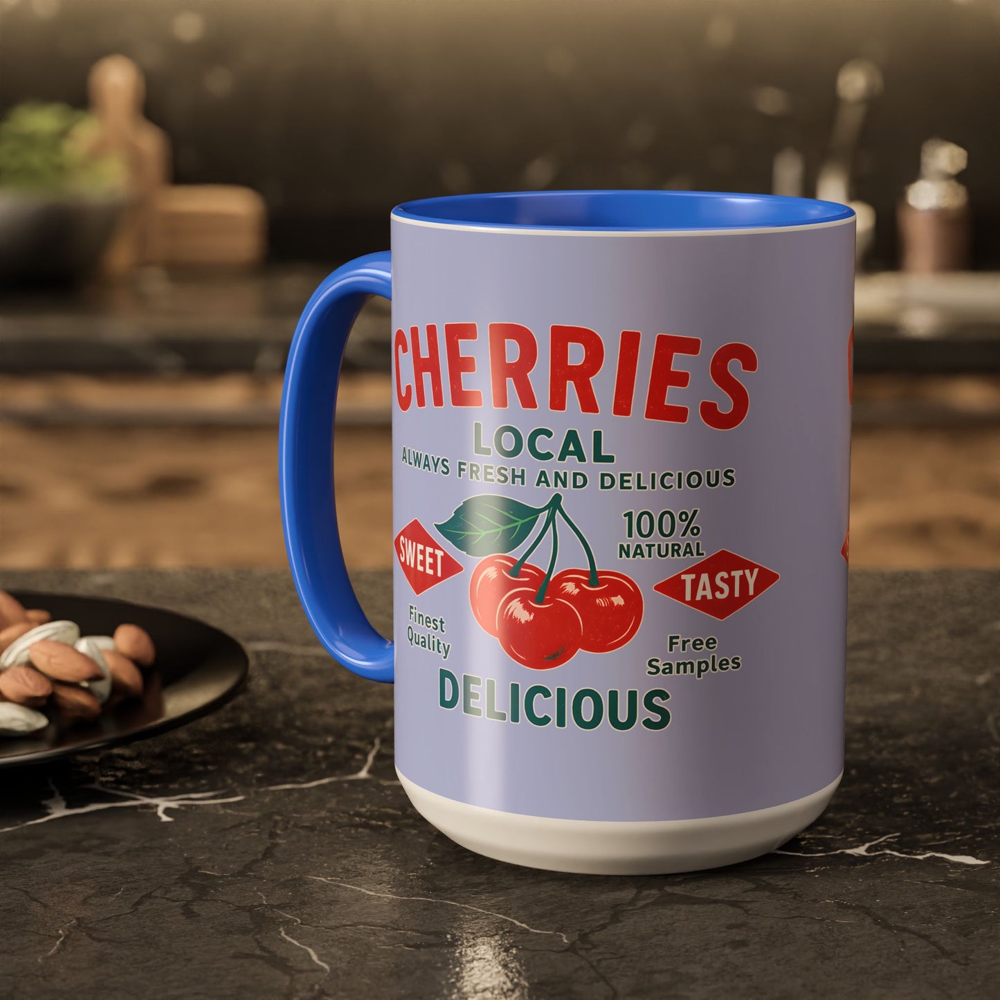 "Delicious Cherries", Colorful Mugs (11oz, 15oz) (Retro Periwinkle)