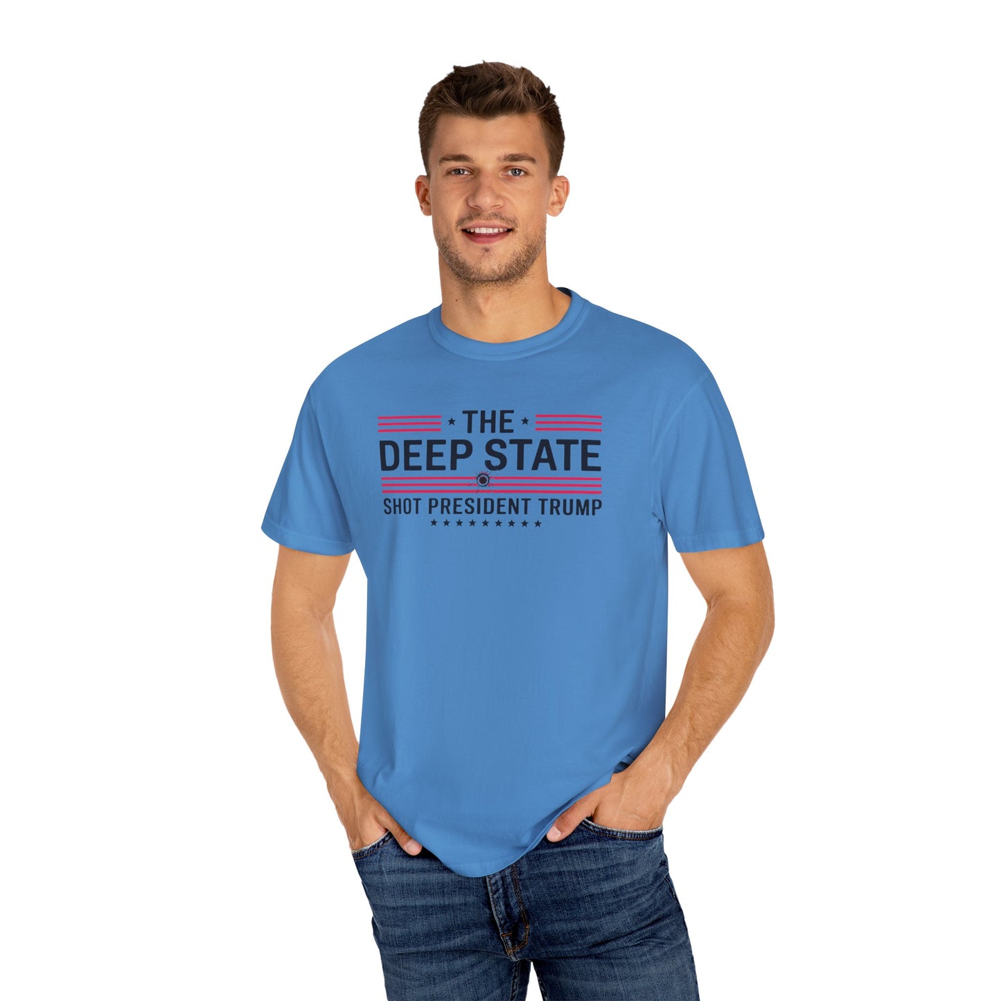 "The Deep State Shot President Trump" #02, Unisex White T-shirt
