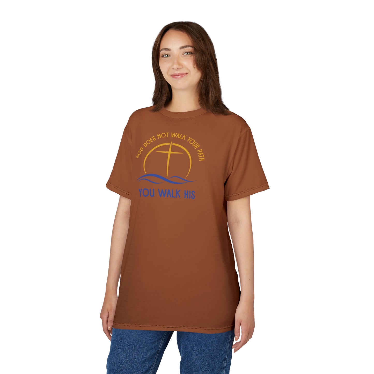 "God Does Not Walk Your Path", Unisex T-shirt (Sienna Brown)