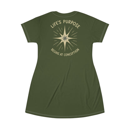 "Life's Purpose Begins at Conception #02", T-Shirt Dress (Deep Canopy Green)