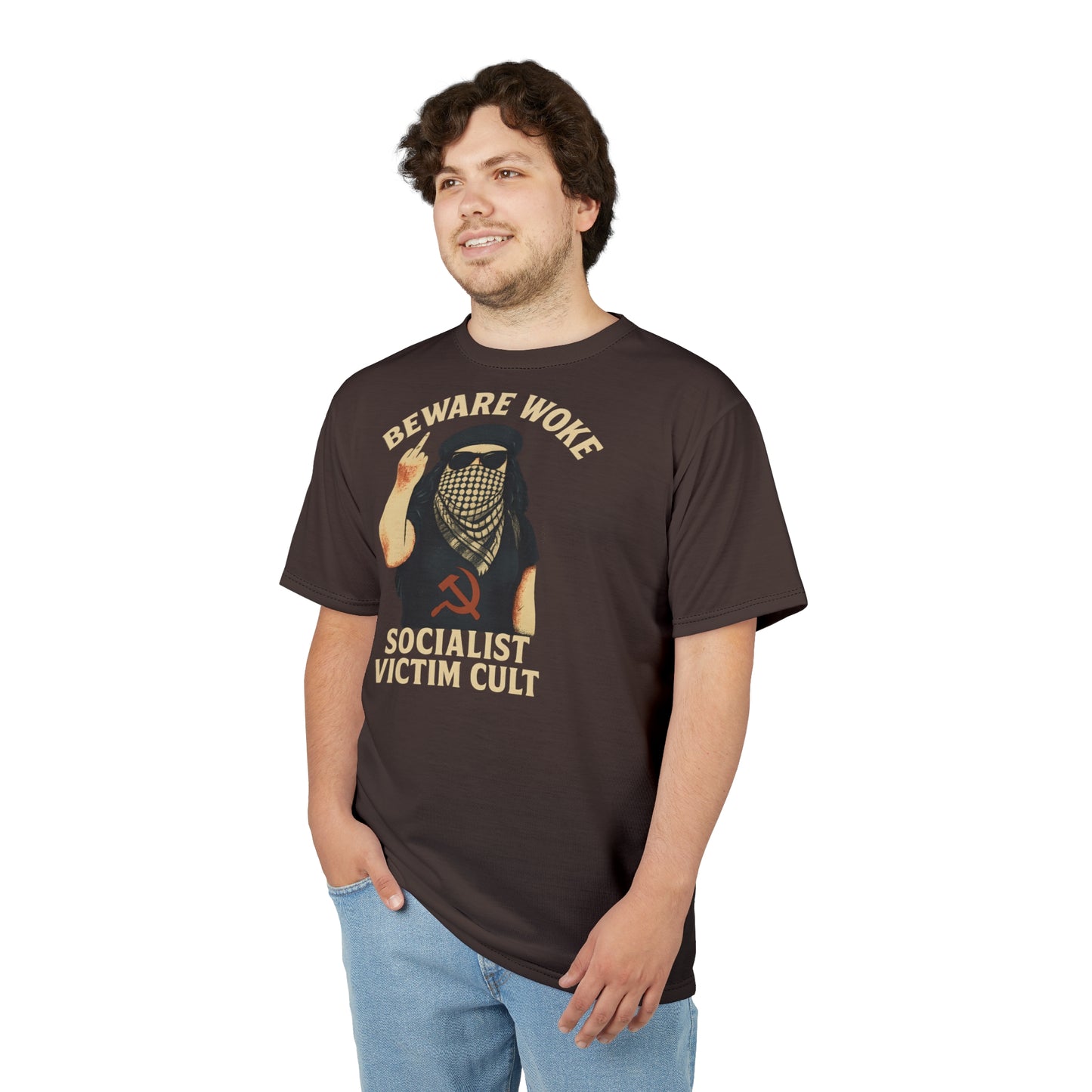 "Beware Woke - Voltaire", Wearable Art Unisex T-shirt (Skilandis Brown)
