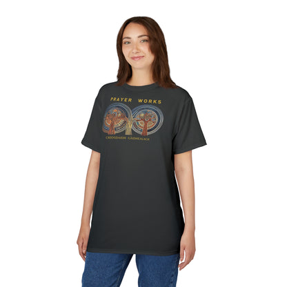 "Prayer Works – Gaelic Christian", Wearable Fine Art Unisex T-shirt (Dark Dùn Grey)