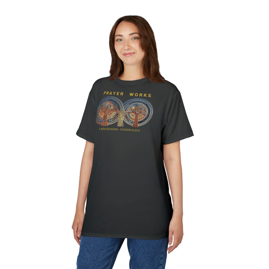 "Prayer Works – Gaelic Christian", Wearable Fine Art Unisex T-shirt (Dark Dùn Grey)