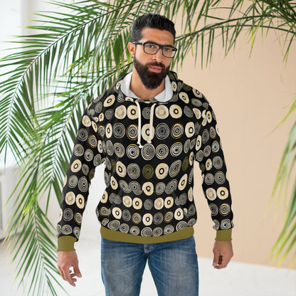 "Punk Polka", Unisex Wearable Art Pullover Hoodie (Soft Fig Green Cuffs)