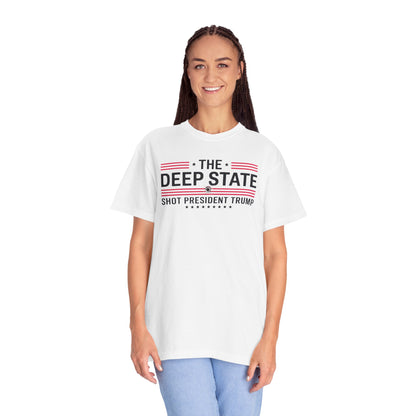 "The Deep State Shot President Trump" #02, Unisex White T-shirt