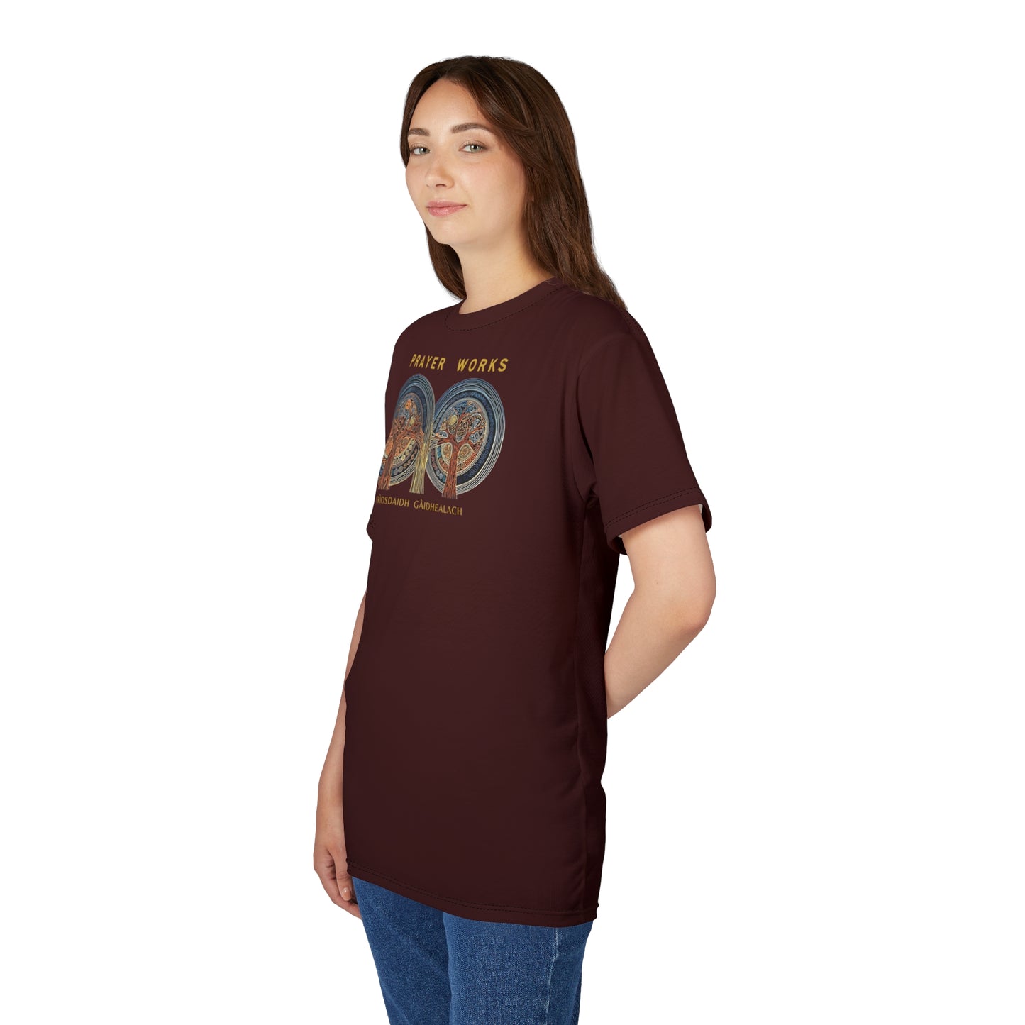 "Prayer Works – Gaelic Christian", Wearable Fine Art Unisex T-shirt (Mahogany)