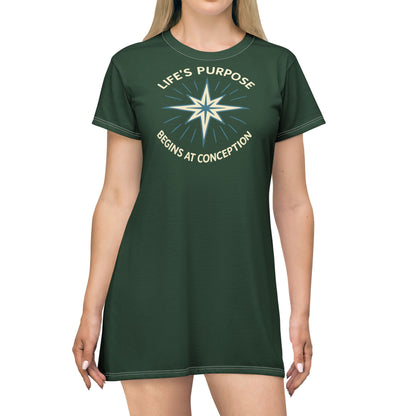 "Life's Purpose Begins at Conception #01", T-Shirt Dress (Rainforest Green)