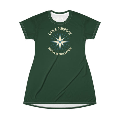 "Life's Purpose Begins at Conception #01", T-Shirt Dress (Rainforest Green)