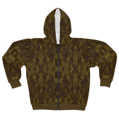 "Swamp Recon Camouflage", Unisex Wearable Art Zip Hoodie (Cattail Bronze Cuffs and Waist)