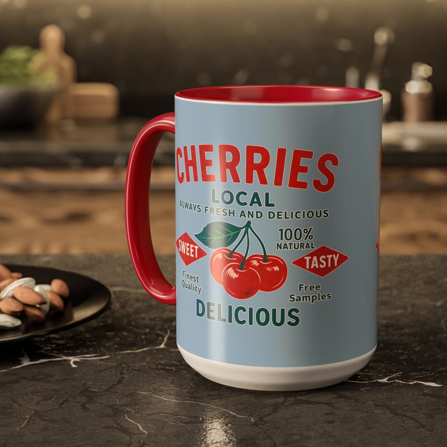 "Delicious Cherries", Colorful Mugs (11oz, 15oz) (Retro Sky)