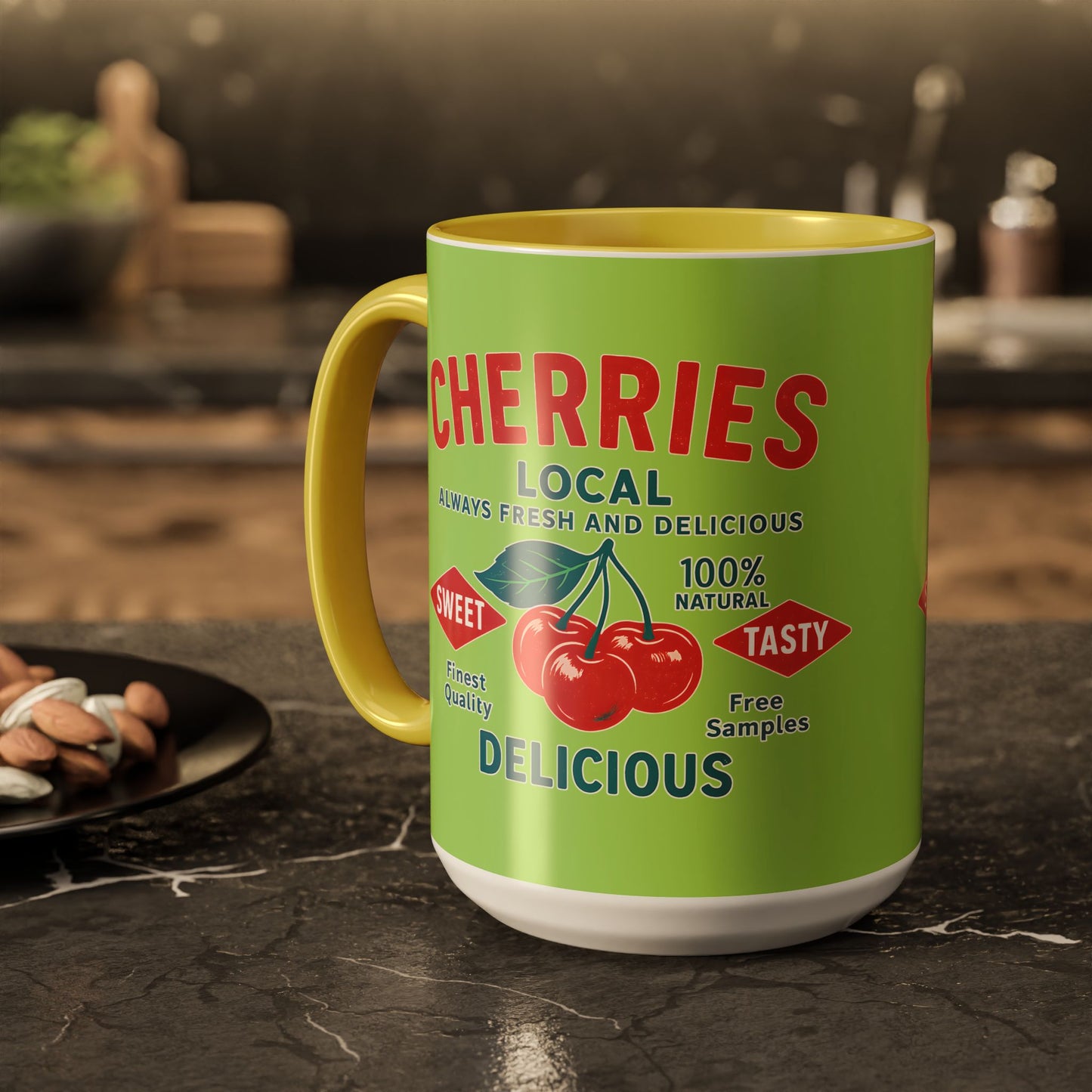 "Delicious Cherries", Colorful Mugs (11oz, 15oz) (Orchard Lime)