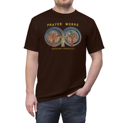 "Prayer Works – Gaelic Christian", Wearable Fine Art Unisex T-shirt (Rich Soil Brown)