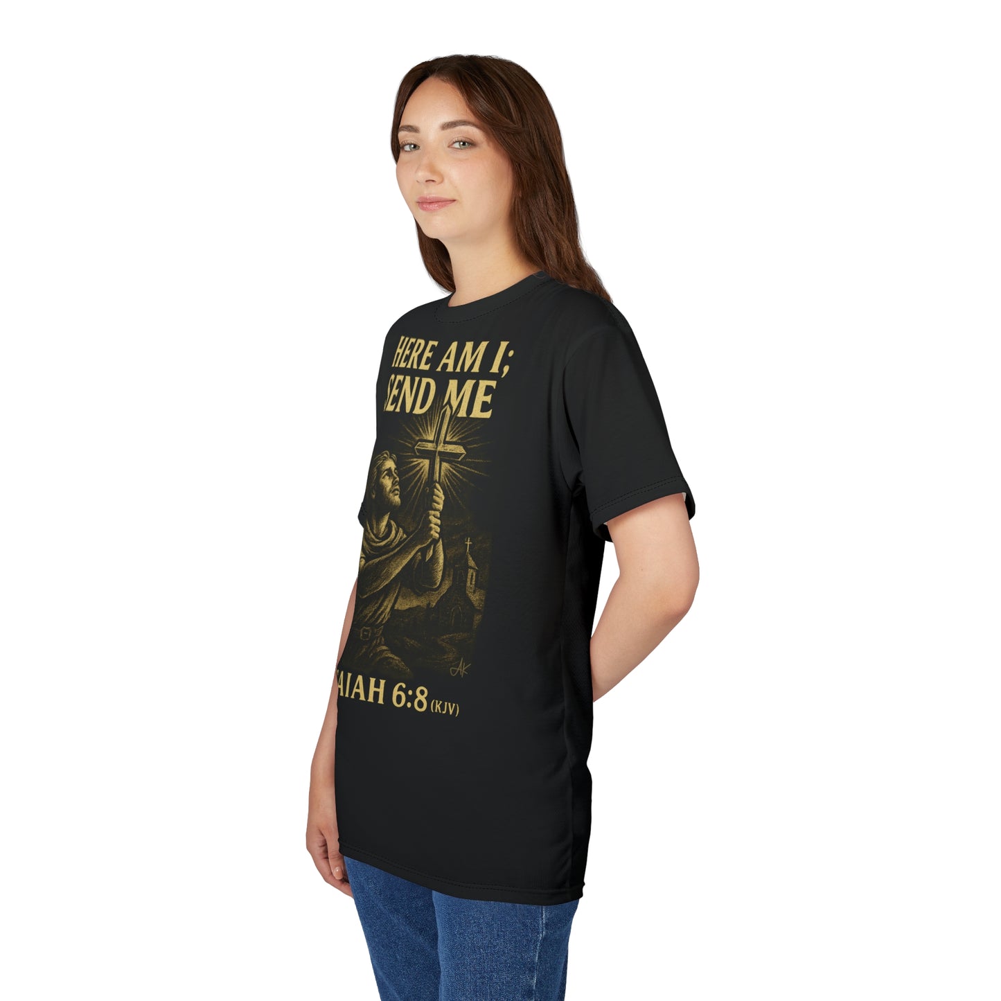 "Isaiah 6:8 (KJV)", Wearable Art Unisex T-shirt (Peatshadow Black)