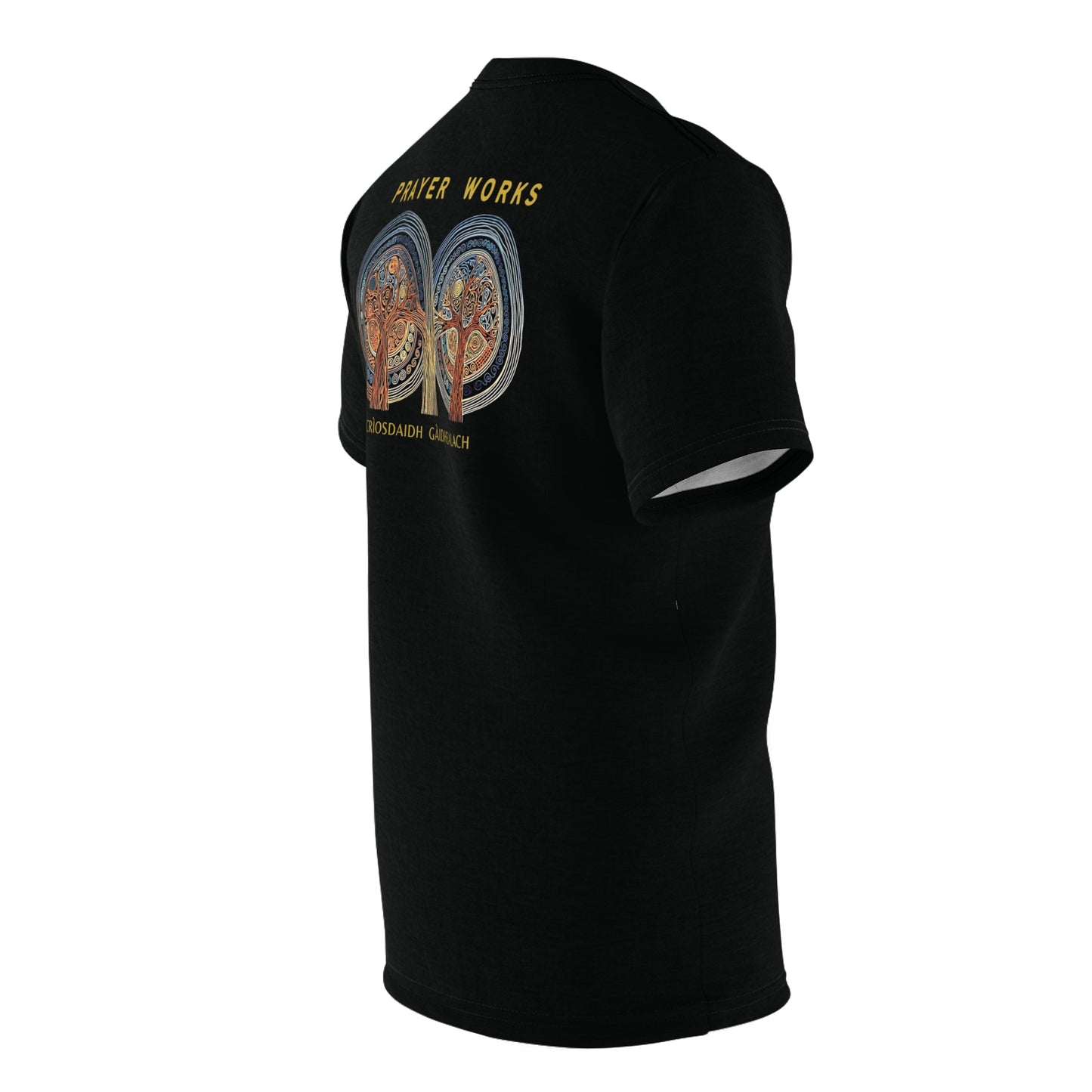"Prayer Works – Gaelic Christian", Wearable Fine Art Unisex T-shirt (Peatshadow Black)