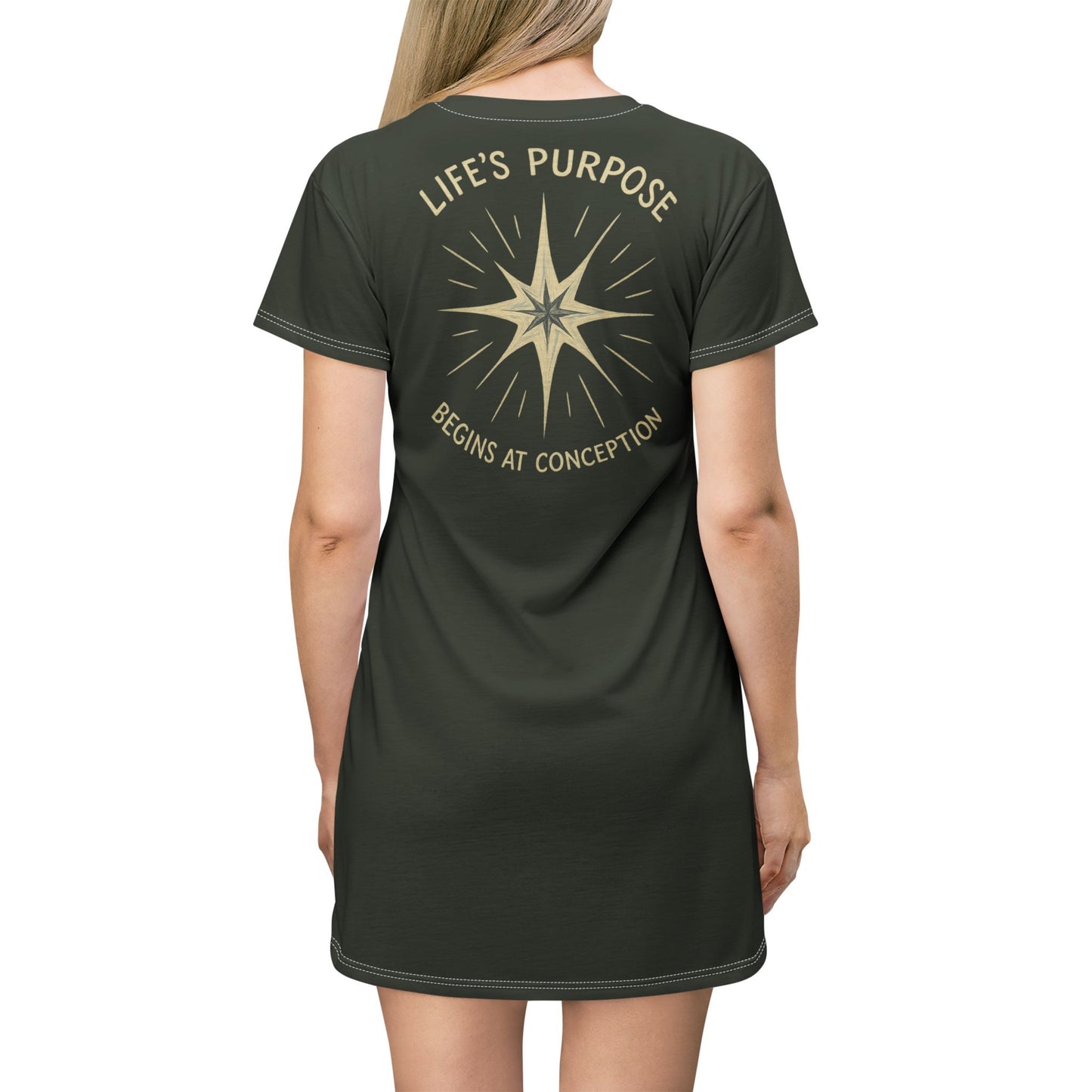 "Life's Purpose Begins at Conception #02", T-Shirt Dress (Black Mesa Green)