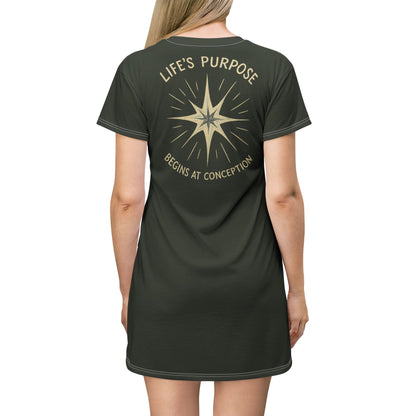 "Life's Purpose Begins at Conception #02", T-Shirt Dress (Black Mesa Green)