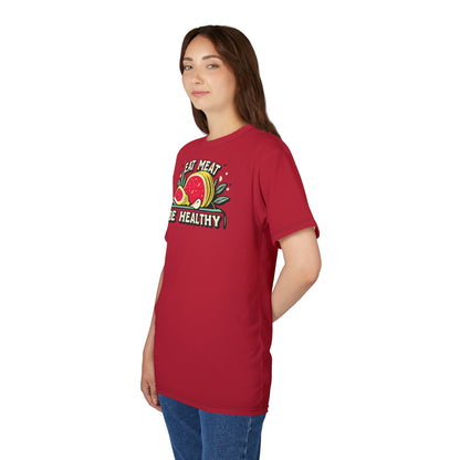"Eat Meat & Be Healthy", Unisex T-shirt (Cardinal Red)