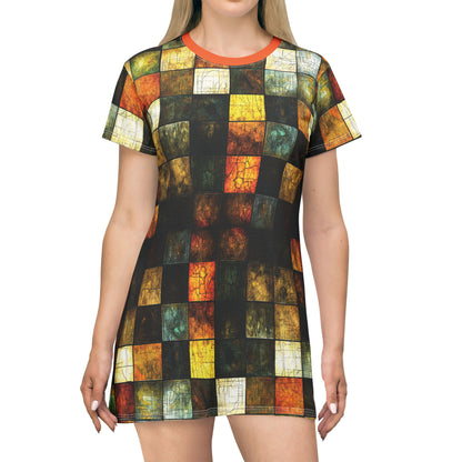 "Wood Block Pattern" #01, Wearable Fine Art T-Shirt Dress (Lava Orange Collar)