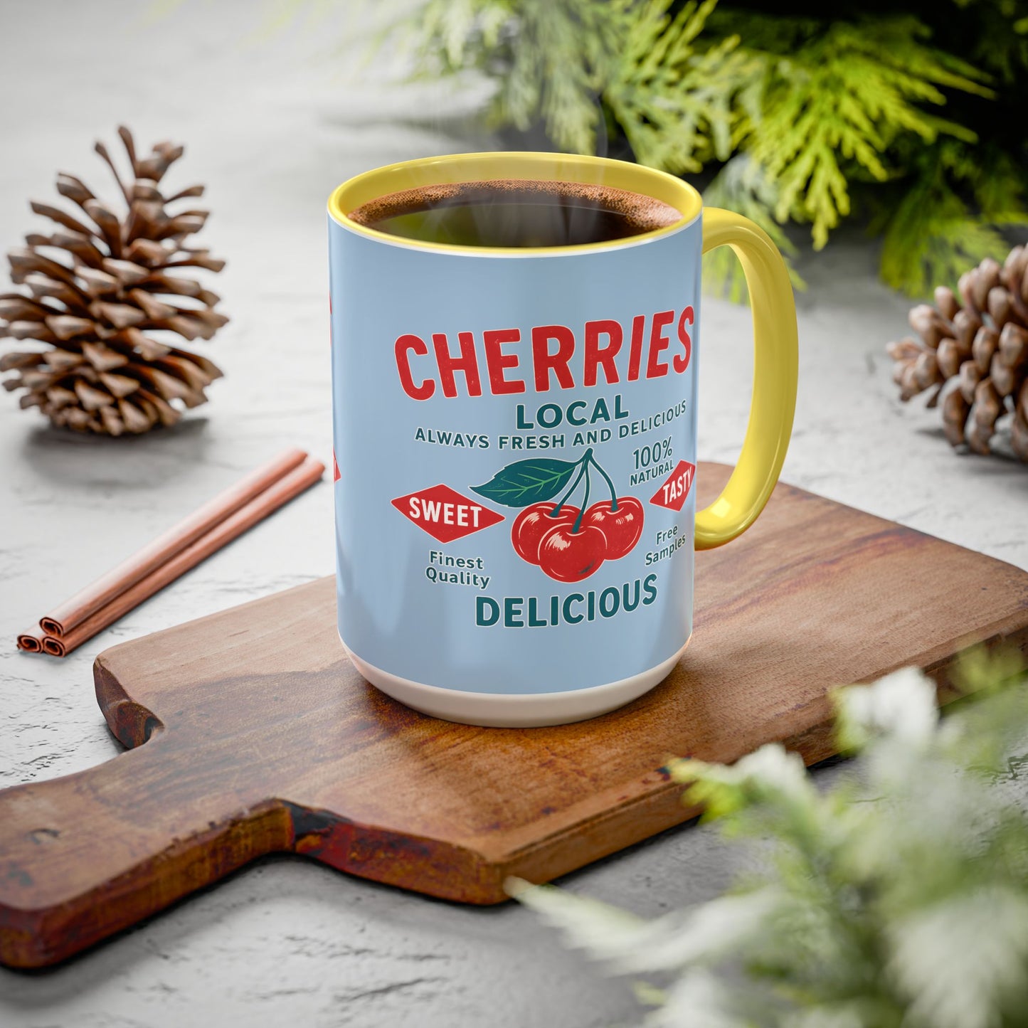 "Delicious Cherries", Colorful Mugs (11oz, 15oz) (Retro Sky)