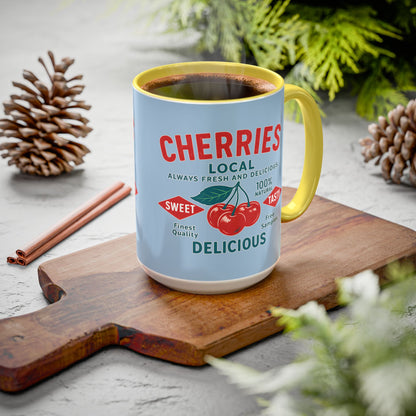 "Delicious Cherries", Colorful Mugs (11oz, 15oz) (Retro Sky)