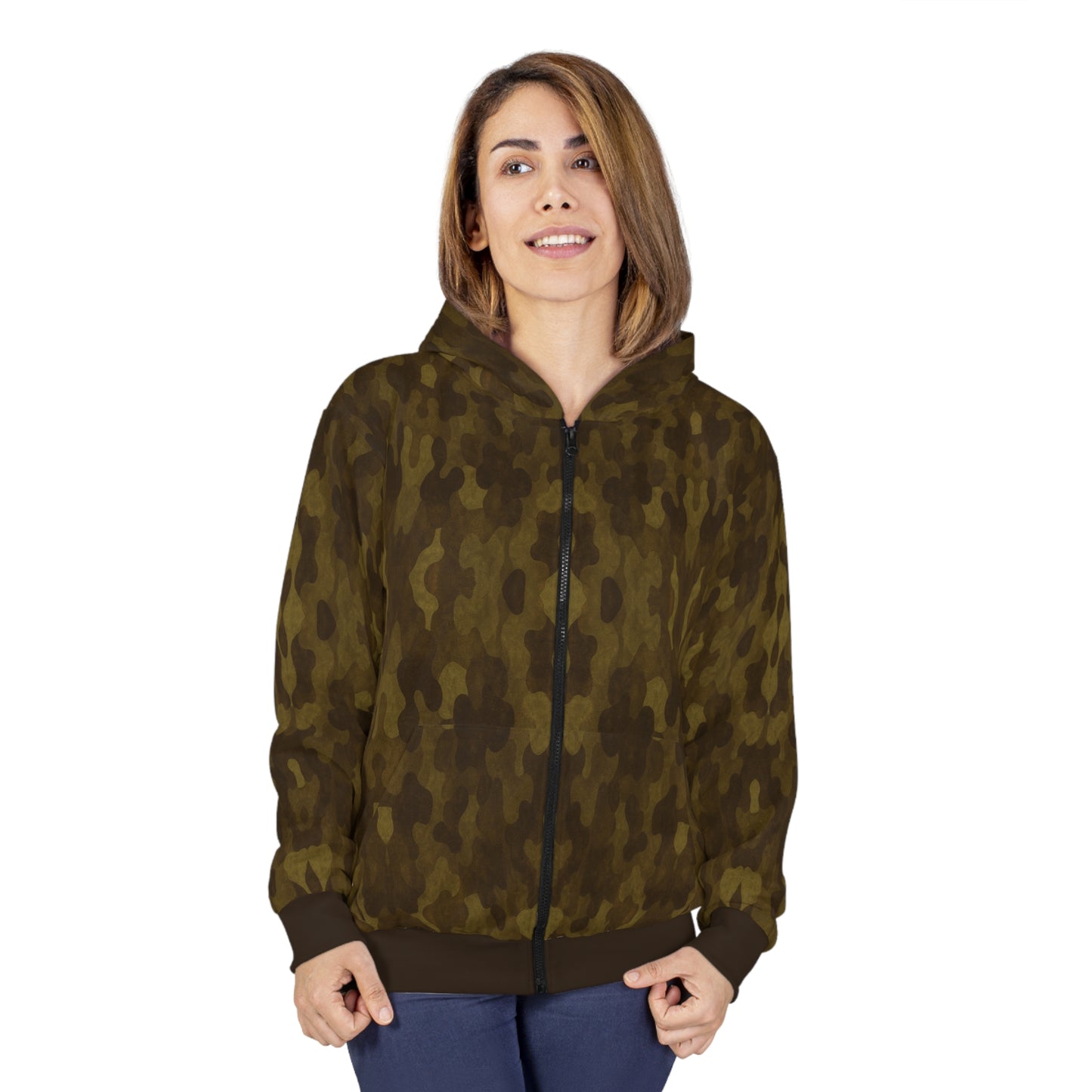 "Swamp Recon Camouflage", Unisex Wearable Art Zip Hoodie (Swamp Brown Cuffs and Waist)