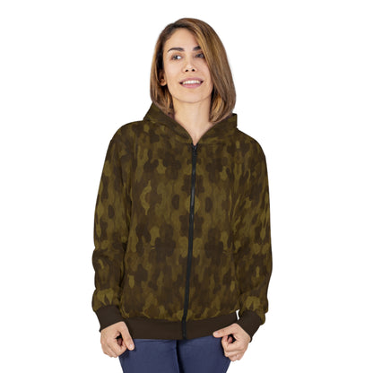 "Swamp Recon Camouflage", Unisex Wearable Art Zip Hoodie (Swamp Brown Cuffs and Waist)
