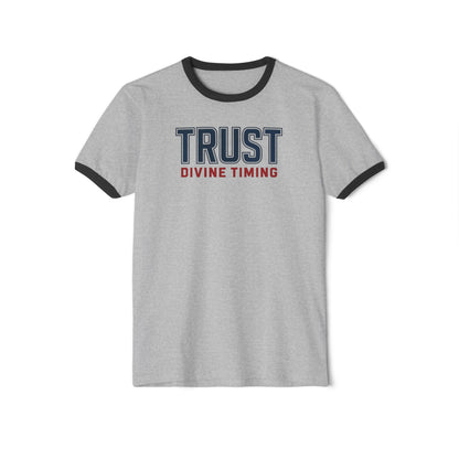 "Trust Divine Timing" #02, Unisex Cotton Ringer T-Shirt