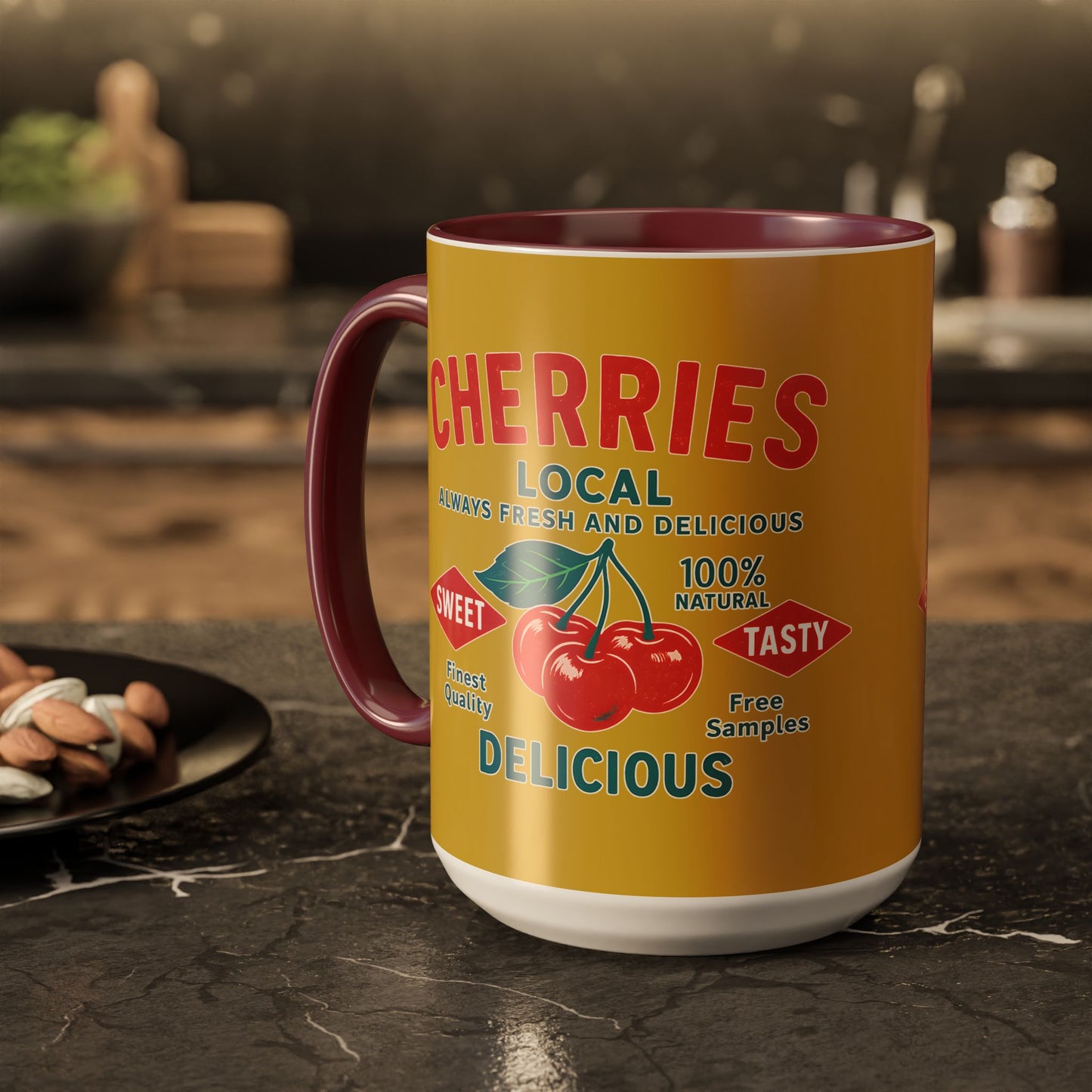"Delicious Cherries", Colorful Mugs (11oz, 15oz) (Forgelight Gold)