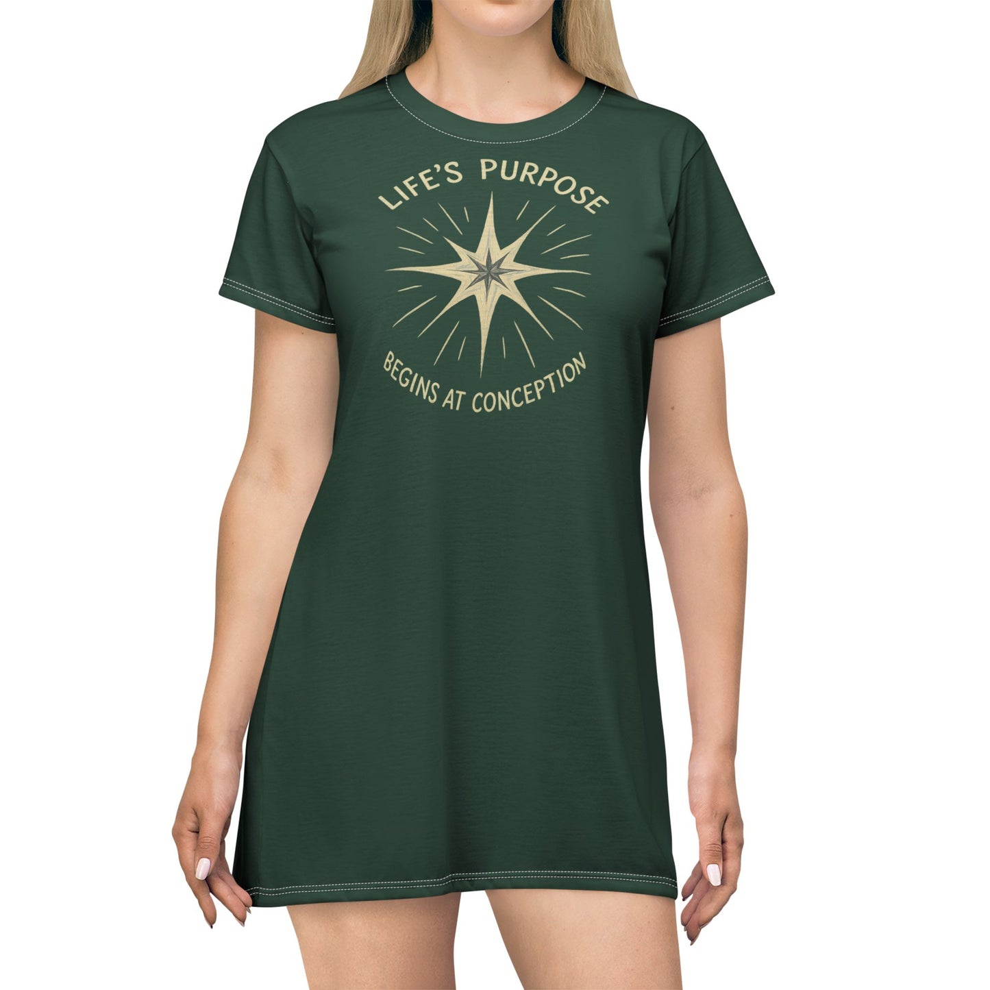 "Life's Purpose Begins at Conception #02", T-Shirt Dress (Alaskan Moss)