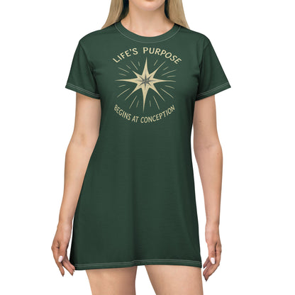 "Life's Purpose Begins at Conception #02", T-Shirt Dress (Alaskan Moss)