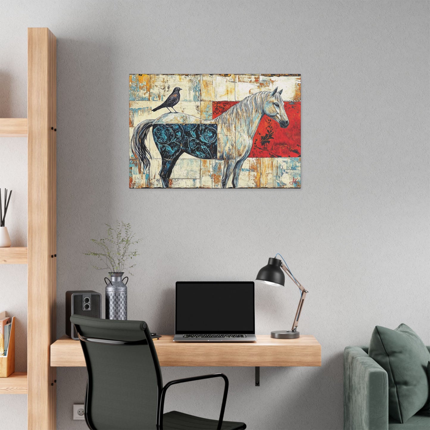 "Series: White Horse with Bird #01", Stretched Classic Canvas Fine Art Print