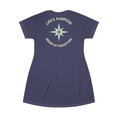 "Life's Purpose Begins at Conception #01", T-Shirt Dress (Ancient Storm)