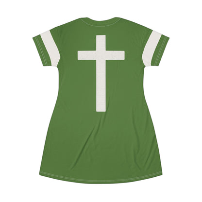 "Faith Overcomes Fear", T-Shirt Dress (Avocado Green)