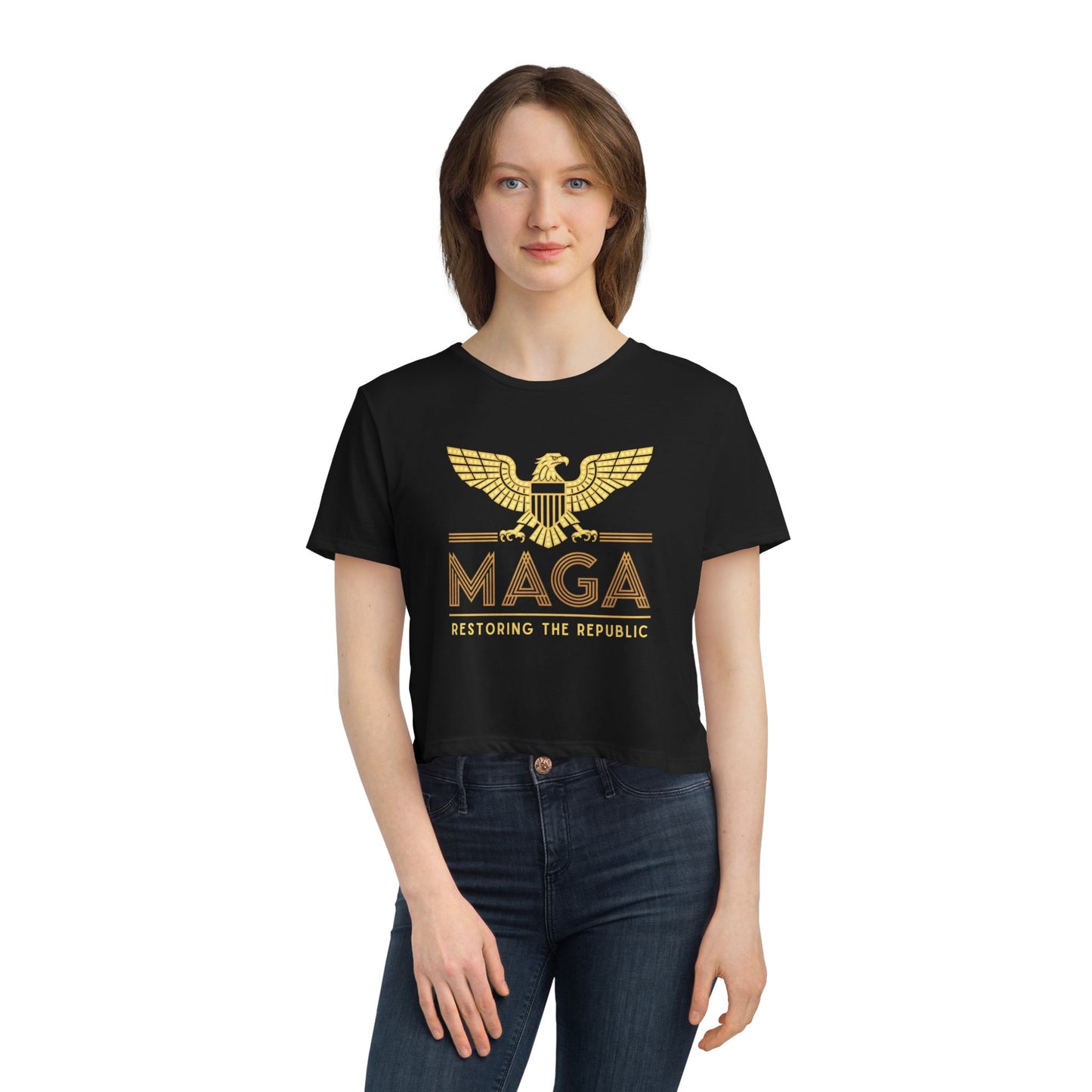 "MAGA - Restoring the Republic", Women's Flowy Cropped Tee (Black or Grey)