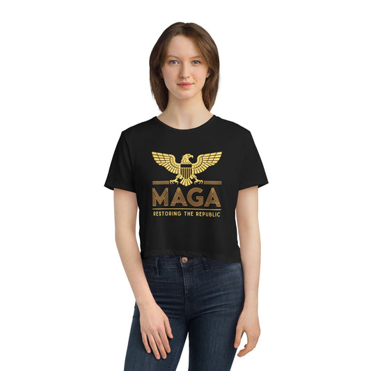"MAGA - Restoring the Republic", Women's Flowy Cropped Tee (Black or Grey)