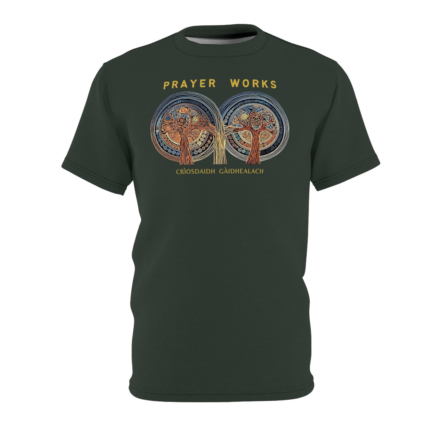 "Prayer Works – Gaelic Christian", Wearable Fine Art Unisex T-shirt (Hail Cloud Grey)
