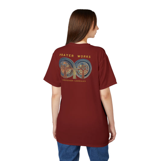 "Prayer Works – Gaelic Christian", Wearable Fine Art Unisex T-shirt (Emberline Red)