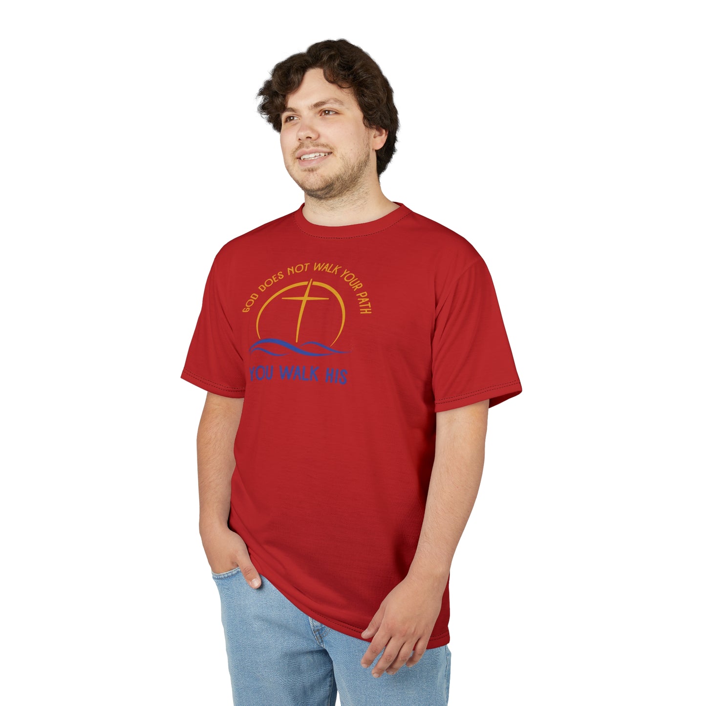 "God Does Not Walk Your Path", Unisex T-shirt (Light Cherry Red)