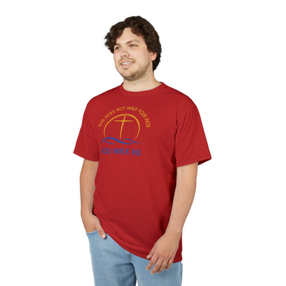 "God Does Not Walk Your Path", Unisex T-shirt (Light Cherry Red)