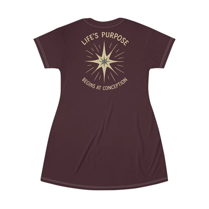 "Life's Purpose Begins at Conception #02", T-Shirt Dress (Black Raspberry)