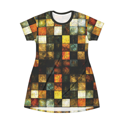 "Wood Block Pattern" #01, Wearable Fine Art T-Shirt Dress (Moss Black Collar)