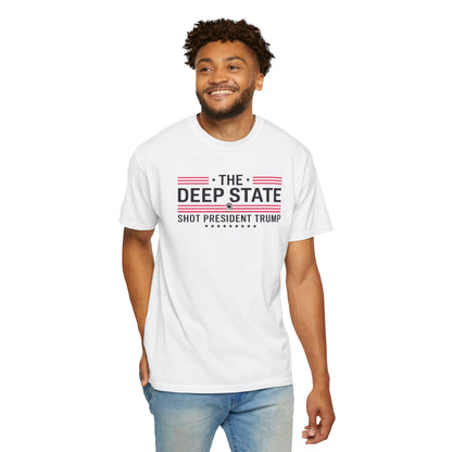 "The Deep State Shot President Trump" #02, Unisex White T-shirt